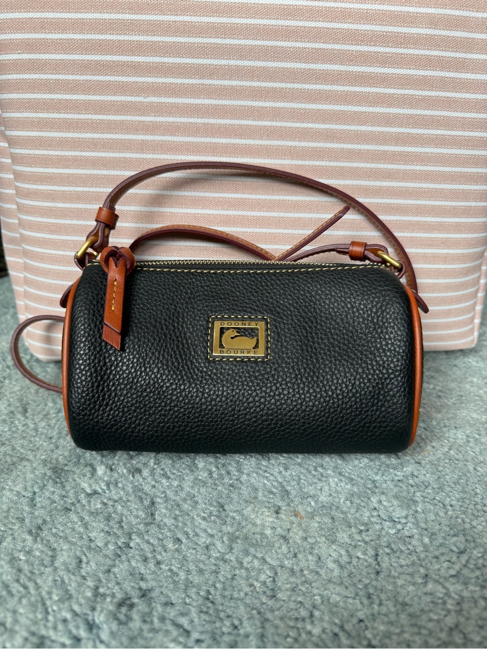 Dooney & Bourke Black Pebble Leather Mini Barrel with Brown Trim